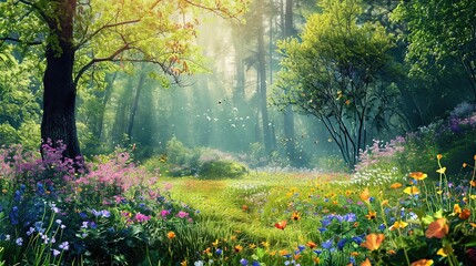 Obraz premium Sunlit forest meadow bursting with wildflowers and tranquil dappled light