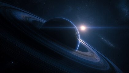 Ringed planet in deep space backlit by bright sun flare. Saturn exoplanet view with massive ring...