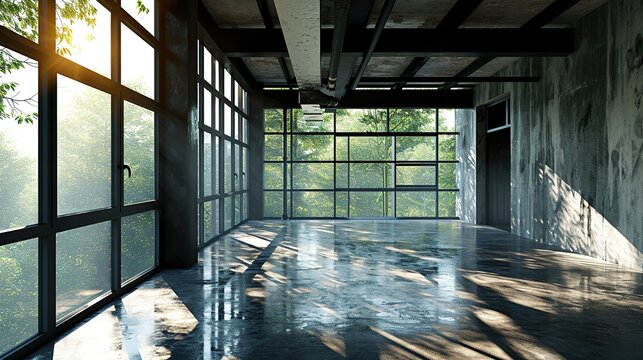 Sunlit Industrial Loft Interior Featuring Expansive Glass Walls and Glossy Reflective Floor