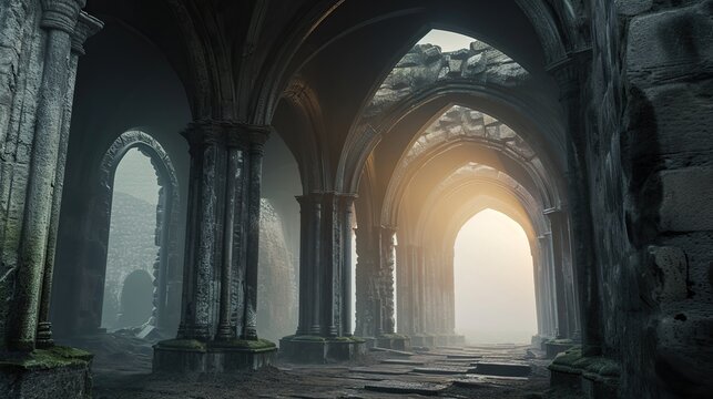 Sunlit Ruins of a Silent Cathedral: Ancient Arches Reaching Toward the Light
