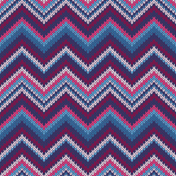 Seamless knitted pattern. Multicolored repeating team blue red white template. Knitwear sample. Vector illustration