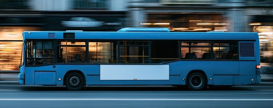 Blue bus in motion with blurred background, displaying a blank advertisement panel