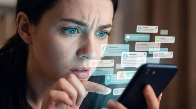 Concerned woman overwhelmed by smartphone notifications and digital alerts, illustrating information overload, constant connectivity, distraction, technology stress and mobile communication anxiety.