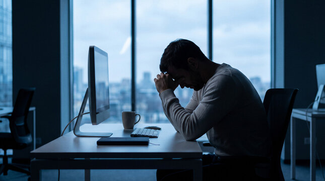 Stressed businessman sitting alone at computer in dark office, representing workplace burnout, emotional exhaustion, overtime pressure and professional anxiety.