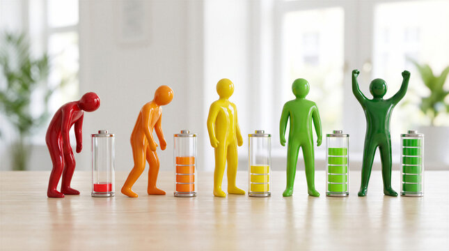 Colorful human figures progressing from depleted to fully charged batteries, conceptual illustration of energy recovery, resilience, renewed motivation, vitality and personal growth.