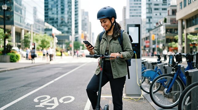 City commuter with helmet, electric scooter, docked bicycle, smartphone, bike lane markings, charging kiosk, and rental parking zone.