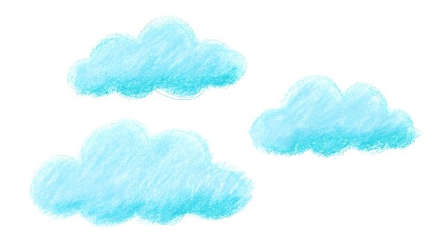 Cute colorful oil pastel drawing turquoise blue fluffy cloud elements. Hand painted with crayon pencils textured clouds for kids print design, patterns, stickers, apps and books decoration 