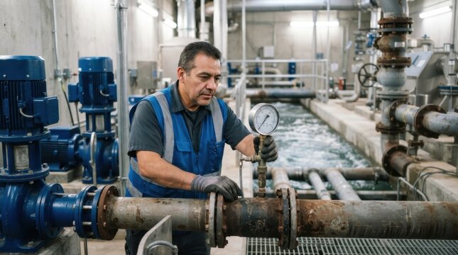 Municipal utility worker inspecting a pressure gauge beside pumps, ductile iron pipes, and a water treatment channel at a modern waterworks facility.