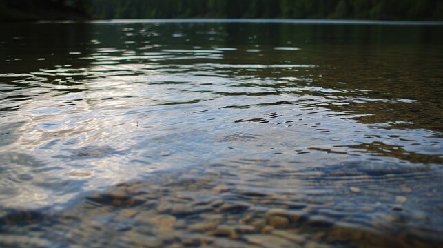 Tranquil Lakeside Surface with Gentle Ripples Reflecting Distant Trees and Sky