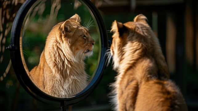 Two Curious Cats Face Each Other Across a Round Mirror in Soft Sunset Light