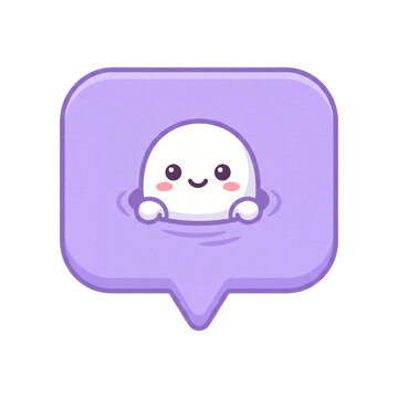 Cute Kawaii Ghost Character Peeking Out from a Purple Speech Bubble Graphic Icon Design