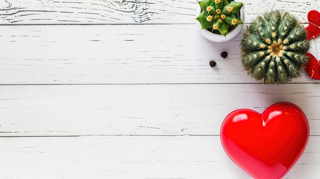 Valentine and Autumn Themed Still Life with Red Heart and Tiny Pumpkins on White Wooden Surface