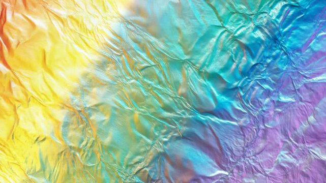 Rainbow hues ripple across textured, crumpled surface. Soft gradients shift from yellow to deep purple. Surface curves and creases reflect vivid light. Abstract pattern evokes fluid, dynamic movement