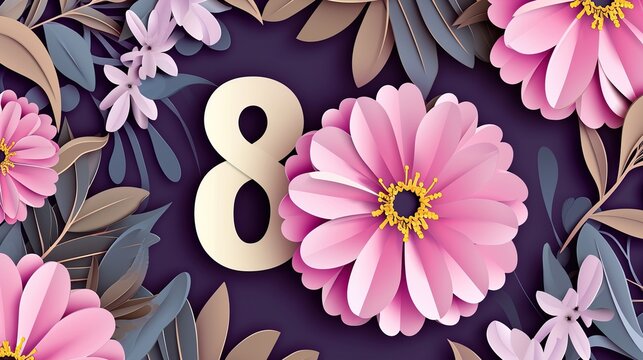 Vibrant Pink Floral Border Framing an Elegant Central Eight Numeral on Dark Purple Background