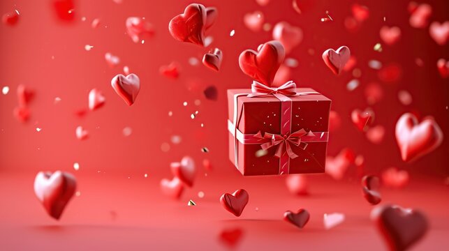 Vibrant Valentine Scene Featuring a Red Gift Box Surrounded by Floating Hearts and Soft Light