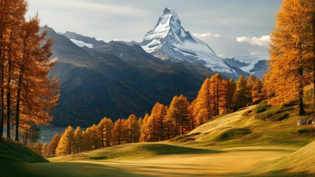 Beautiful fall scenery with golden trees and snow-capped peaks.
