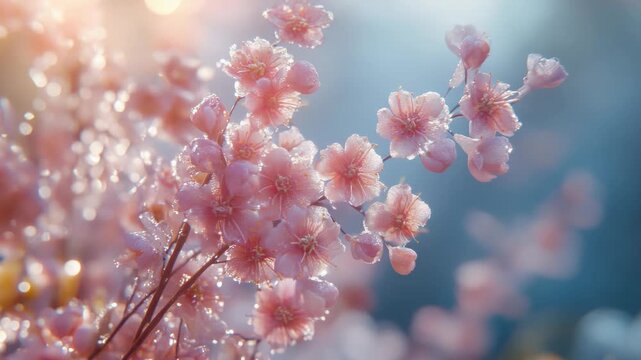 Lush, out-of-focus pink cherry blossoms with water droplets