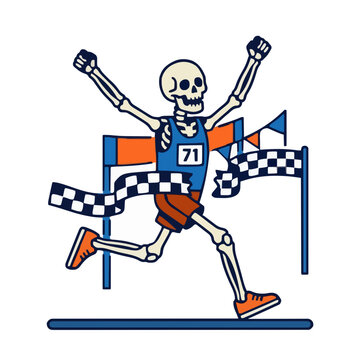 Funny skeleton runner wearing athletic gear crossing the finish line and celebrating a marathon victory