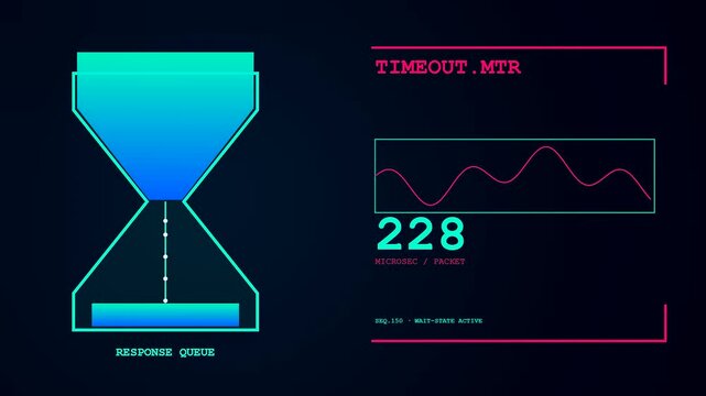 Digital compute latency readout displays show shifting numerical metrics alongside fluctuating wave patterns within a stylized glowing graphic interface rendered in cool neon blue shades