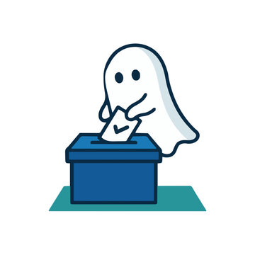 Cute cartoon ghost character casting a checkmark ballot into a blue voting box, whimsical election civic duty concept