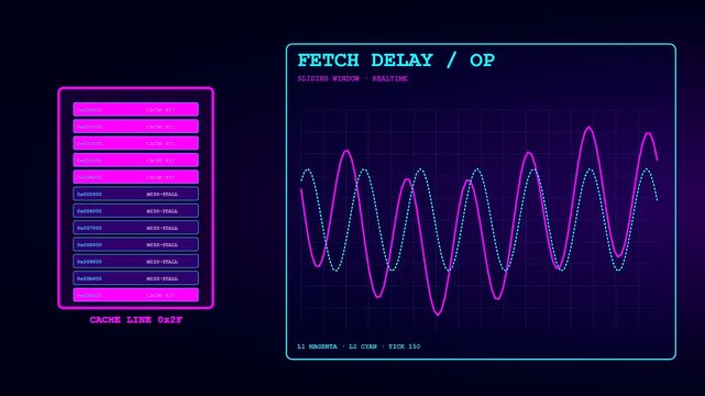 Compute latency is visualized through undulating digital waves on dark monitors showing system processing cycles with glowing magenta text and cyan signal lines in repeating patterns