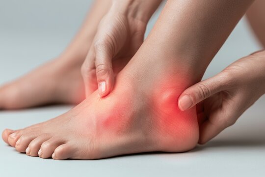 Close-up of a foot with glowing red areas indicating pain or inflammation