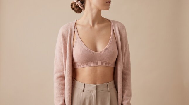 Woman wearing pink cardigan and bralette with beige high‑waisted trousers against neutral background, minimalist fashion portrait with soft tones.