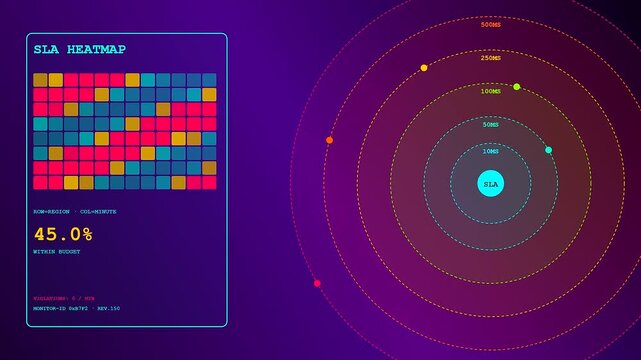 Compute latency dashboards show shifting metrics and pulsing circular graphs in a digital interface displaying three distinct phases of server network performance monitoring and data analytics