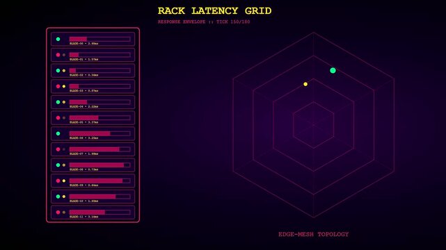 Compute latency monitoring displayed across a glowing digital interface featuring hexagonal grid maps and scrolling data bars that illuminate a dark screen with vibrant neon lights