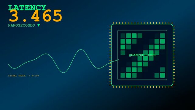 Monitoring computer latency as digital wave signals interact with an illuminated electronic processor grid displaying fluctuating numerical values on a dark blue glowing display panel interface