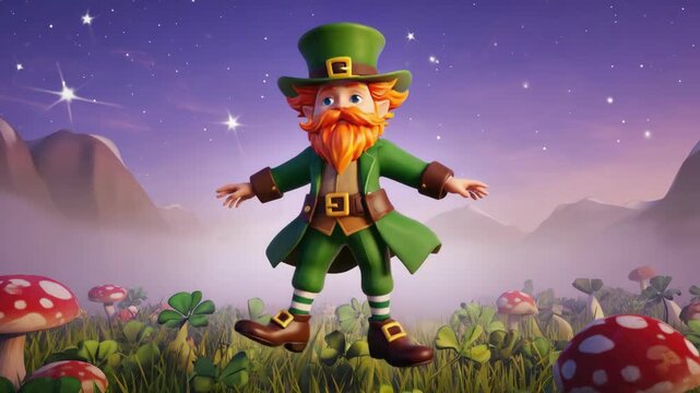 An animated cartoon character resembling a leprechaun standing in a whimsical forest with mushrooms.