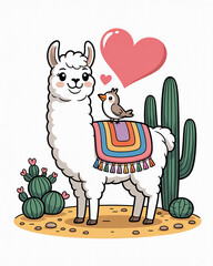 Naklejka premium A white llama stands beside cacti with a bird on its back vector illustration.