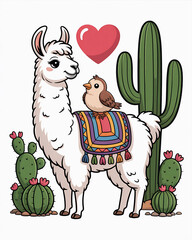Naklejka premium A white llama stands beside cacti with a bird on its back vector illustration.