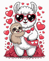 Naklejka premium Llama and sloth embrace amidst red hearts and rose floral arrangement vector illustration.