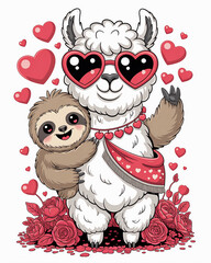 Naklejka premium Llama and sloth embrace amidst red hearts and rose floral arrangement vector illustration.