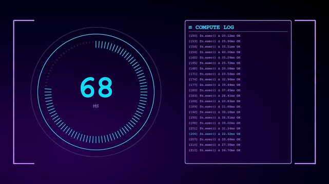 Compute latency display showing dynamic system logs with circular processing rings and data readout numbers on a dark purple digital screen interface for software analysis