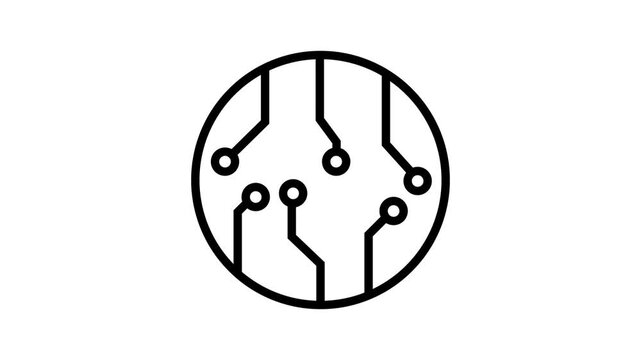 Animated black circuit board icon with blue accents appearing inside a circle on a solid white background.