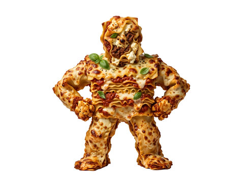 A comical lasagna monster figure constructed from pasta layers and meat sauce stands powerfully against a black background