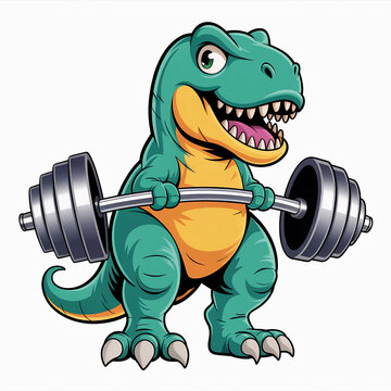 A green tyrannosaurus rex lifts a barbell in a colorful vector illustration.
