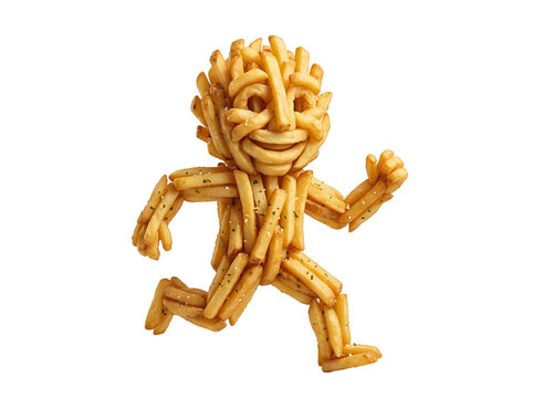 A whimsical running figure creatively constructed from golden french fries against a black background playful food art concept
