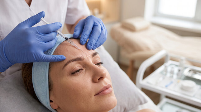 Close-up of a professional cosmetologist in dark gloves administering a botulinum toxin injection into the forehead of a female client lying on a treatment couch in a modern aesthetic clinic