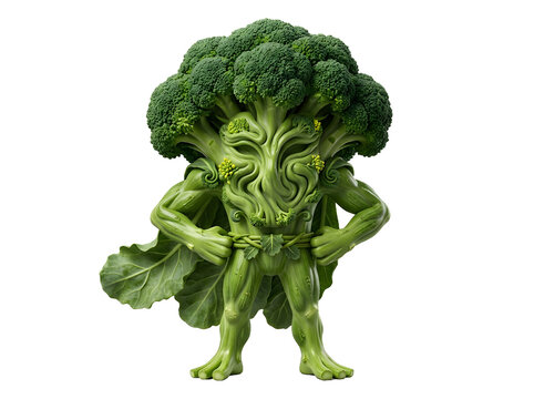 Anthropomorphic broccoli character with a muscular build stands confidently against a black background healthy food concept