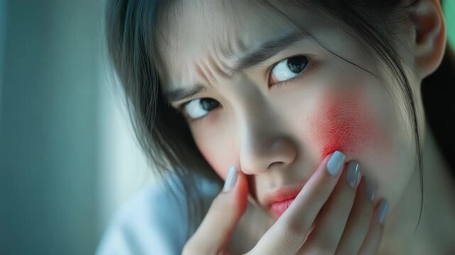A young woman with a bruised cheek, looking shocked and distressed.