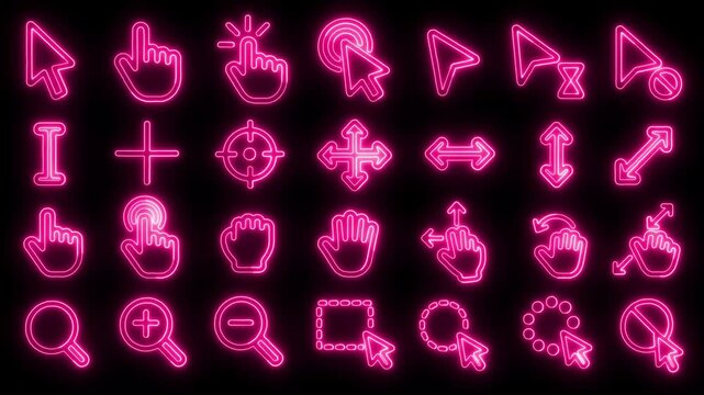 Neon pink mouse cursor icons set, glowing computer pointer collection, futuristic digital interface elements for gaming and web design