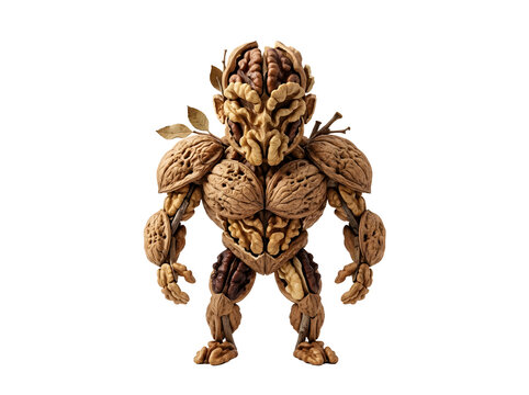 Creative conceptual photography of a humanoid figure constructed from walnuts and a brain showcasing organic forms and imaginative artistry