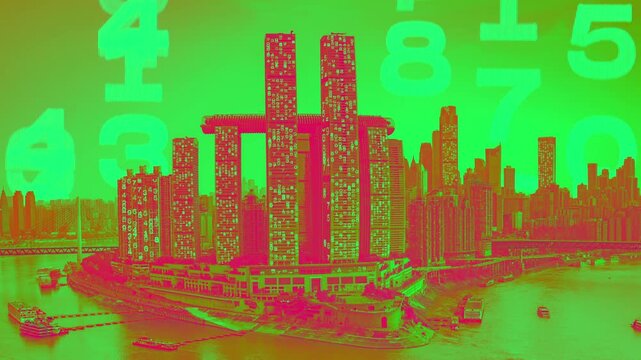 chongqing cyberpunk city with overlayed code and data on the buildings