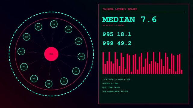 Display of compute latency metrics shown on digital user interface screens with glowing red circular node network graphics and scrolling statistical charts for monitoring system performance