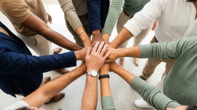 Diverse community team members showing spirit and cohesion by placing hands together.