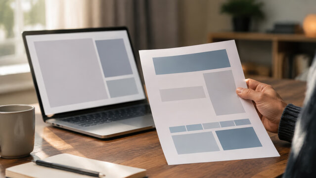 Executive report template on paper beside laptop, hand presenting clear layout with calm professional focus for office planning