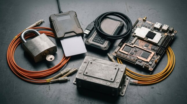 padlock smart card reader encrypted drive hardened circuit board and fiber optic leads for secure defense supply chains